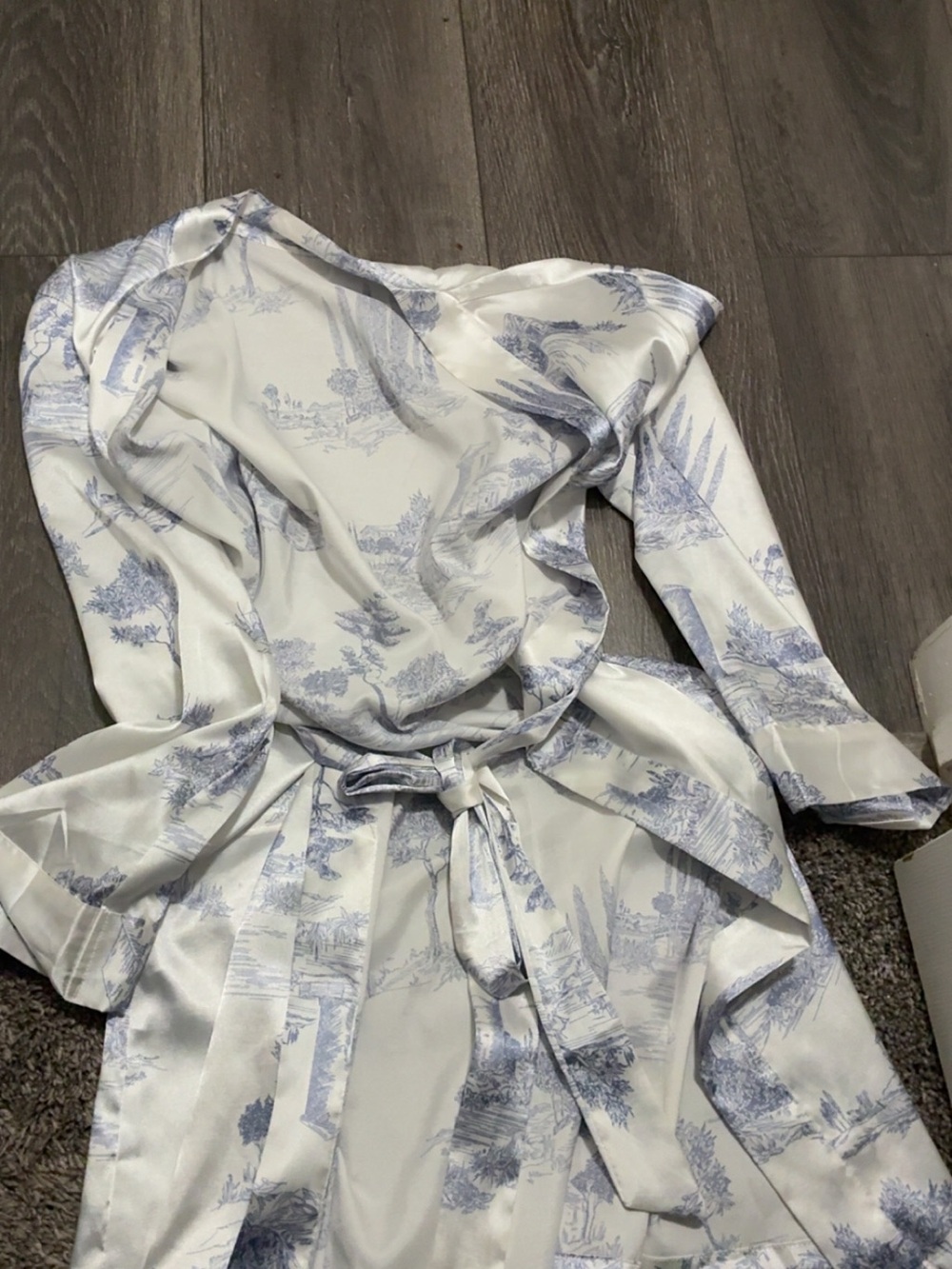 Light Blue Toile Print Satin Wrap Dress